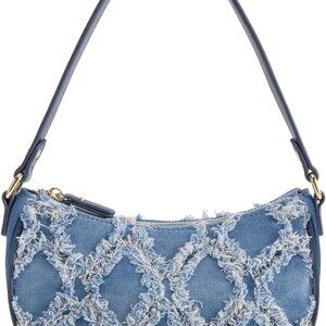Chic Crescent Denim Shoulder Bag: Trendy Mini Purse with Vegan Leather Accents